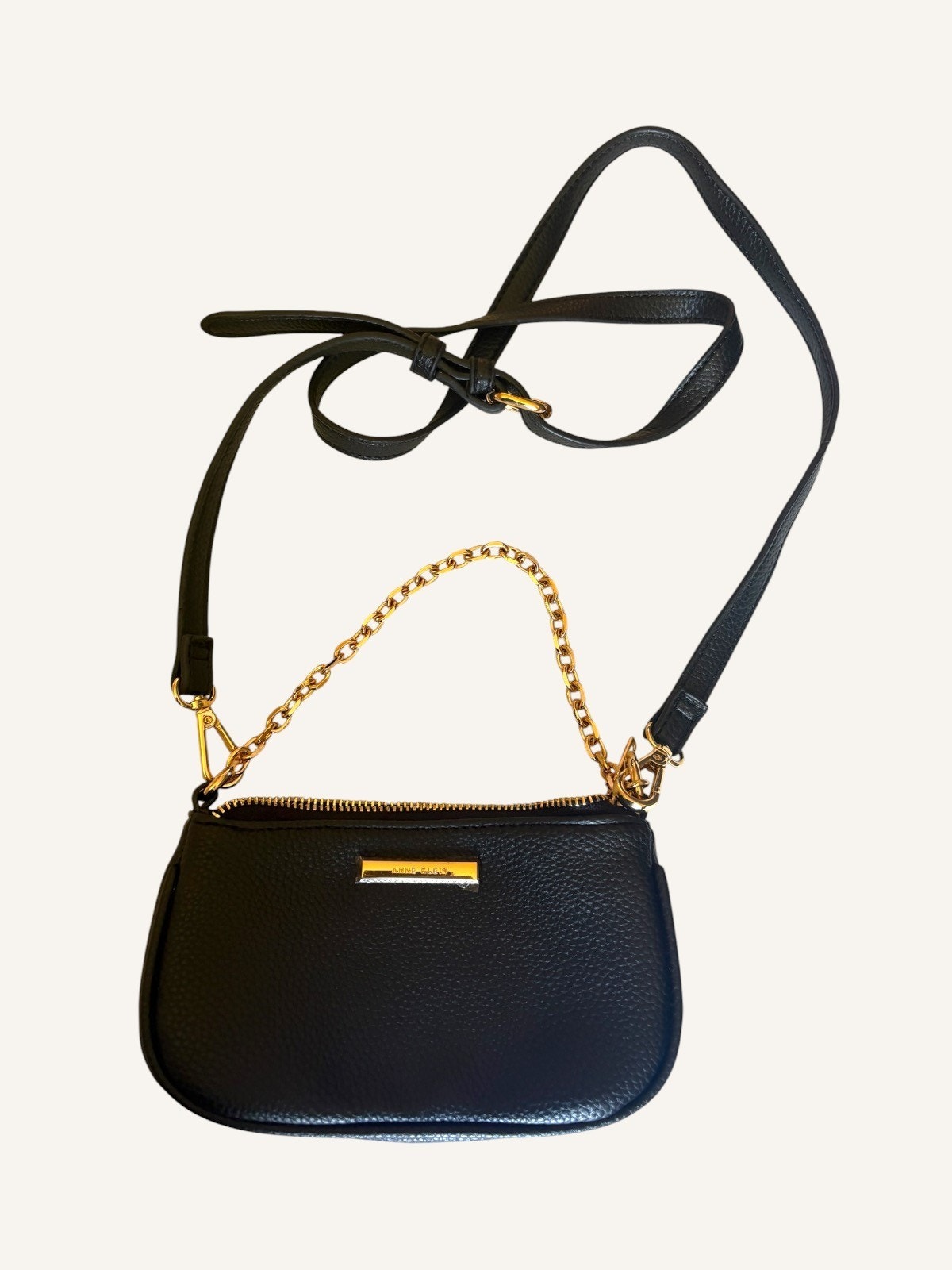 Anne Klein Mini Crossbody Black Gold Swag Chain Faux Pebbled Leather Bag